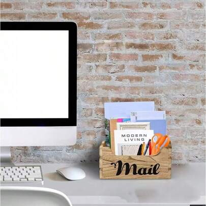 Wooden Mail Organizer Box, Rustic Style Decorative Box Envelope Basket, Minimalist Desktop Envelope & Postage Stamp Rack