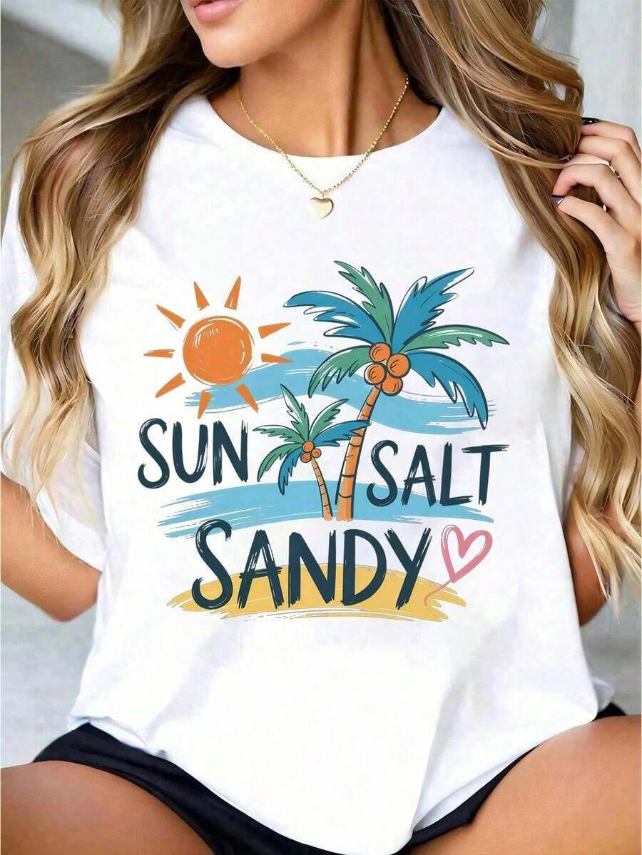 1 camiseta blanca para mujer con estampado de palmeras y sol, cuello redondo, camiseta casual de algodón, tejido de punto de elasticidad media, corte regular para damas, ideal para el verano, tallas S-XXXL. - Blanco - Ver 1