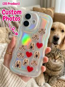 1pc Customized Pet Photo Phone Case, Personalized Cat/Dog Portrait Printed Phone Cover, Cute Pet Heart Wave Edge Laser Phone Case, Made Of Soft Acrylic Material, Wave Edge Design And 2D Photo Printing, - Multicolor - View 4