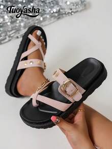 Nuevas sandalias de plataforma con hebilla de metal decorativa, cómodas y versátiles para uso diario - Terciopelo rosa - Ver 4