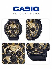 CASIO 黑金配色多功能運動男錶，三圈計時碼錶，100米防水石英腕錶，黑色樹脂錶帶，大錶盤，戶外電子錶，夜光刻度，耐磨防震，學生通勤錶，工裝風，百搭情侶腕錶，實用耐用禮物，男士運動配件 - 黑色 - 查看 5