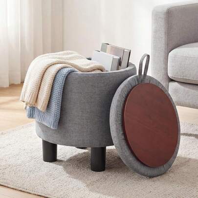 Round Storage Ottoman, Linen Fabric Upholstered Ottoman Foot Rest With Removable Lid, Small Ottoman Foot Stool For Bedroom Living Room (Gray)