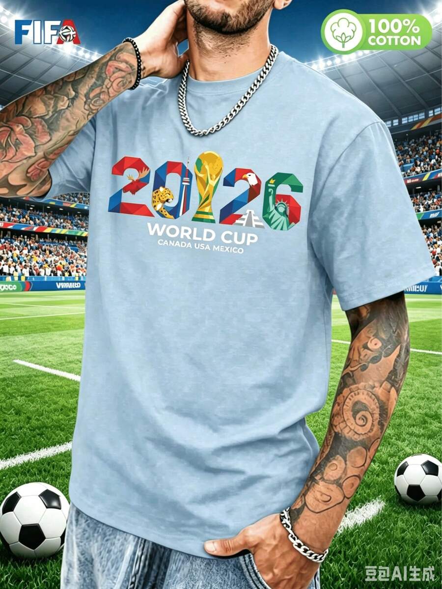Officially Licensed FIFA 2026 USA-Canada-Mexico World Cup Geometric Creative T-Shirt Modern Football Style Loose Short Sleeve Fan Apparel Unisex Comfo - 藍色 - 查看 1