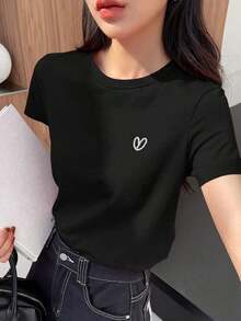 Camiseta de mujer de manga corta con cuello redondo y bordado de corazón, casual y de negocios, ropa de trabajo para mujer RSR4 - Blanco - Ver 11