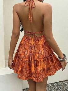 Vestido bohemio con estampado, sin espalda, con tirantes de lazo y moño, para uso casual, vacaciones y uso diario, primavera/verano para mujer - Verde - Ver 10