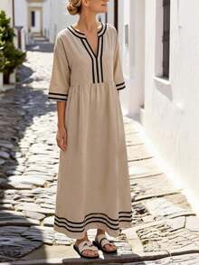 Vestido casual de fiesta con cuello en V y bloques de color para vacaciones de mujer - Albaricoque - Ver 3