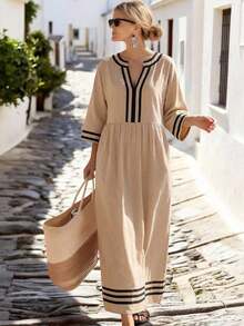 Vestido casual de fiesta con cuello en V y bloques de color para vacaciones de mujer - Albaricoque - Ver 4