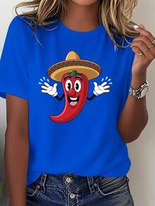 Women's 100% Cotton T-Shirt With Mexican Chili Print - Bright Design Of Chilies And Cacti, Casual Round Neck Top With Chili Powder Print, Comfortable For Everyday Wear In All Seasons, Showcasing Mexican Cultural Charm. - 藍色 - 查看 1