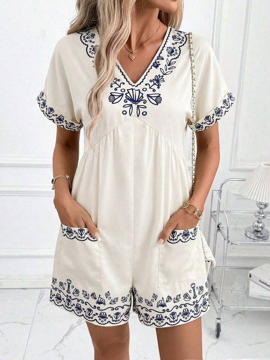 Clasi Mono informal con cuello en V, estampado floral verde y pliegues para mujer - Multicolor 2 - Ver 1