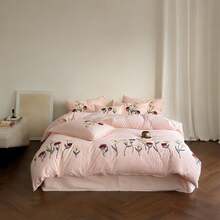3 Stücke weiches & bequemes Kräuselgaze Bettwäsche Set (1 Bettbezug + 2 Kissenbezüge, ohne Füllung), florale Stickerei im Landhausstil, geeignet für Schlafzimmer, Gästezimmer, Jungen & Mädchen, maschinenwaschbar - Babypink - Übersicht 27