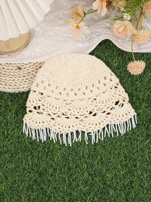 1 chiếc mũ len móc phong cách Bohemian đính ngọc trai tua rua, mũ chống nắng tết bện quấn đầu đi du lịch, phụ kiện trang phục đi biển - Nhiều màu - Xem 8