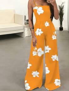 Mono elegante para mujer con estampado floral, mameluco camisola sin mangas de verano, pantalones de pierna ancha de moda para adultos - Naranja - Ver 4