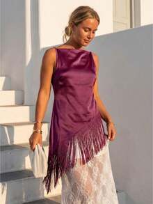 Women Summer Satin Camisole Casual Asymmetrical Tassel Spaghetti Straps Tank Tops for Club Streetwear - Rojo violeta - Ver 1