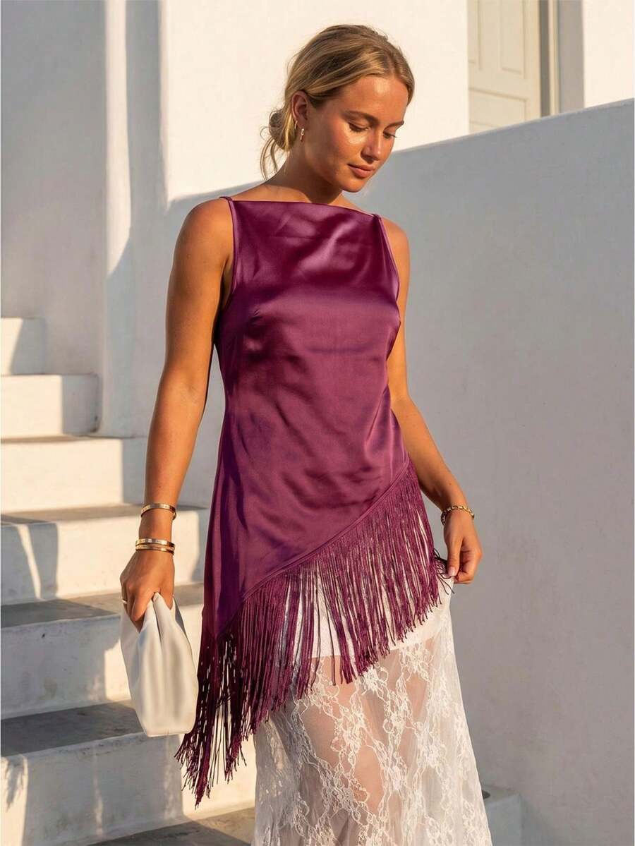 Women Summer Satin Camisole Casual Asymmetrical Tassel Spaghetti Straps Tank Tops for Club Streetwear - Rojo violeta - Ver 1