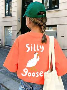 Tween Girl "Silly Goose" Cartoon Goose Print T-Shirt, Soft And Comfortable Fabric, Suitable For Girls Outdoor Sports, Daily Wear, Street Style, Campus Style, Fashionable Girls Spring/Summer Casual Versatile Top - Coral Orange - View 2