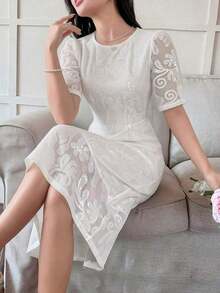Vestido de encaje bordado de alta gama, vestido de verano para mujer con cuello redondo y abertura lateral hasta la pantorrilla, elegante vestido de cóctel francés para fiestas, ropa de vuelta al colegio - Blanco - Ver 2