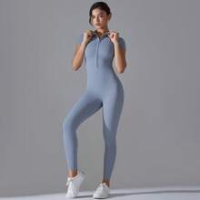 Combinaison à manches courtes, ajustée, à fermeture éclair, de couleur unie et hautement élastique, idéale pour le sport, le fitness, la course et le yoga - Combinaison pantalon longue 6656 - Bleu brumeux - Voir 2