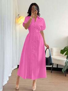 Vestido camisero casual de mujer con botones delanteros, mangas raglán y cintura ajustada - Rosa Fucsia - Ver 12
