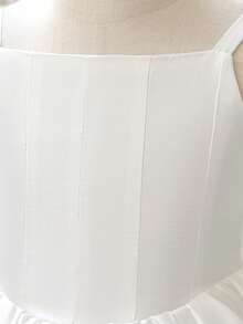 Young Girls Spaghetti Strap Ruched Satin Elegant Flower Girl Princess Dress, White Puff Party Gown, Headband Not Included - White - View 9