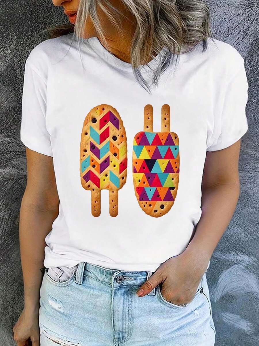 1 Piece Of Women's Summer T-Shirt, Short Sleeve And Printed, Modern And Casual, Machine Washable, Comfortable Fit, 2D Flat Print, 180g, 100% Cotton. - 白色_07 - 查看 1