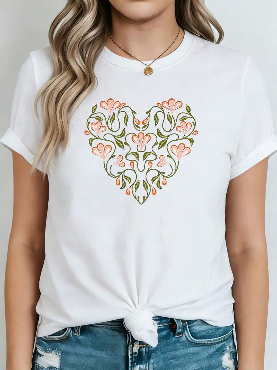 Simple And Versatile Design: Vintage Folk Charm And Natural Tenderness. Women's T-Shirt With A Floral Heart Print For Spring And Summer. Suitable For Outings, Bookstore Visits, And Dates. Short-Sleeved T-Shirt For Everyday Wear. Cotton T-Shirt. - 白色 - 查看 1