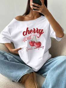 GiftFlirla Women's Loose Fit T-Shirt, White Pomegranate, Asymmetric Neck, Plus Size, Soft - 白色 4 - 查看 7