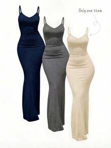 1 pieza Vestido de punto largo elegante y entallado sin mangas color albaricoque, vestido de fiesta formal con tirantes de espagueti - Caqui - Ver 10