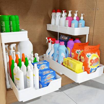 1pc/2pcs Simple Trending Under Sink Organizer 2 Pack, Sink Pull-Out Sliding Storage Cabinet, 2-Tier Under Shelf Organizer For Kitchen Bathroom With Hooks