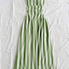 Soqi Women's Clothing Vestido de línea A con espalda descubierta y nudo en la cintura, con estampado tropical de rayas verdes y blancas, adecuado para vacaciones en la playa - Caqui - Ver 8