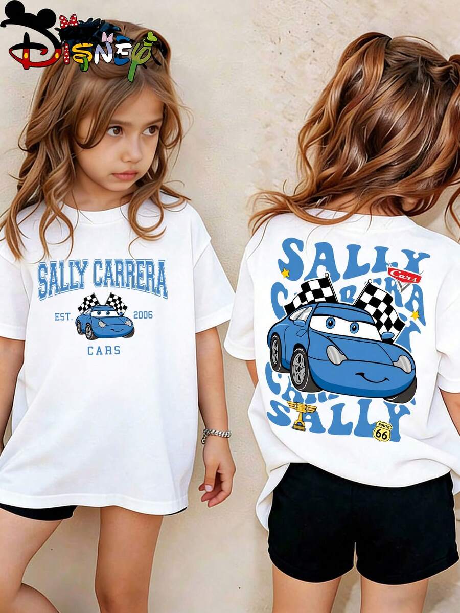 Disney Cars Sally Children's T-Shirt "Sally Carrera" Retro Style Front And Back Printed Short Sleeved Shirt For Boys And Girls, Machine Washed And Not Easily Deformed, Comfortable And Fashionable To Wear, Is An Excellent Choice For Creating Personalized Outfits In Summer - 白色 - 查看 1