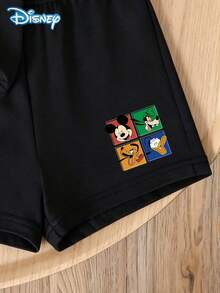 Disney Summer Baby Boy Mickey Mouse & Donald Duck Portrait Print Cute Short Sleeve T-Shirt And Shorts Set, Cartoon Pattern, Stretchy, Suitable For Newborn Infants Daily Wear - Black - View 8