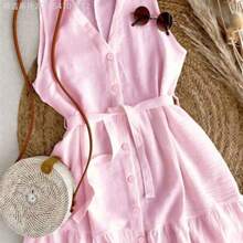 Soqi Women's Clothing  Vestido mini de mujer con cuello en V sin mangas, cintura con lazo y dobladillo con volantes, adecuado para primavera, verano, otoño e invierno, apropiado para citas, casual elegante, ir al trabajo, vestido de resort para mujer, atuendo de oficina, versátil, de moda, uso casual diario, elegante para playa/ - Rosa - Ver 1