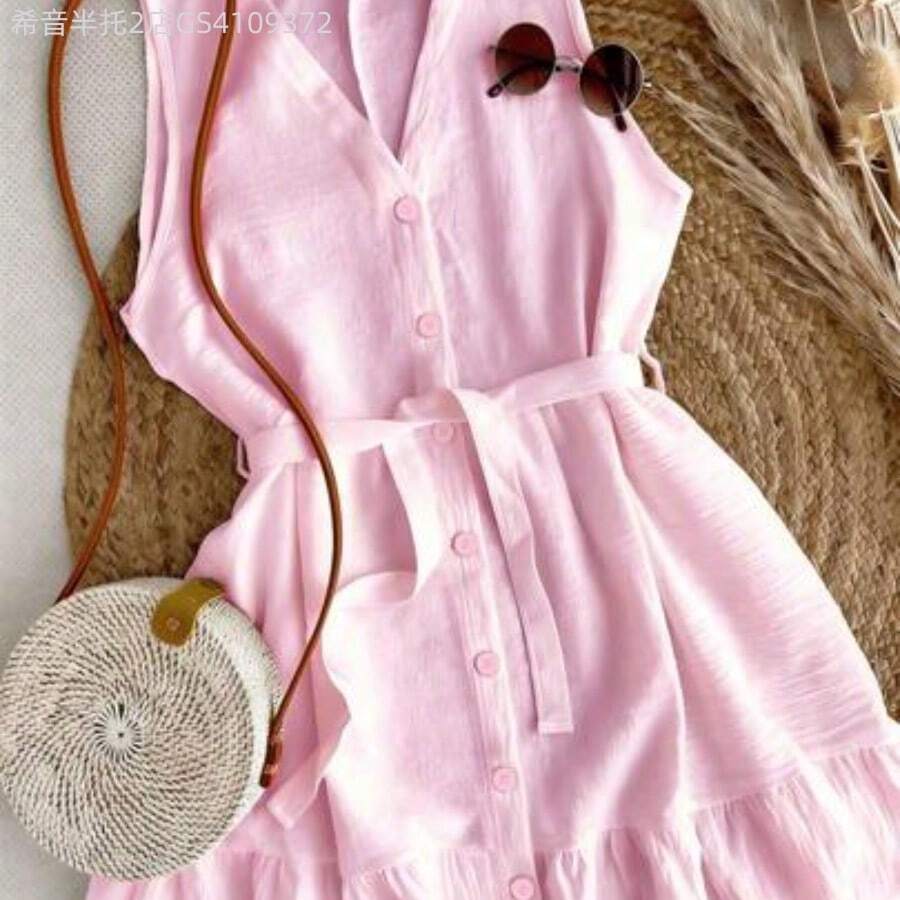 Soqi Women's Clothing Vestido mini de mujer con cuello en V sin mangas, cintura con lazo y dobladillo con volantes, adecuado para primavera, verano, otoño e invierno, apropiado para citas, casual elegante, ir al trabajo, vestido de resort para mujer, atuendo de oficina, versátil, de moda, uso casual diario, elegante para playa/ - Rosa - Ver 1