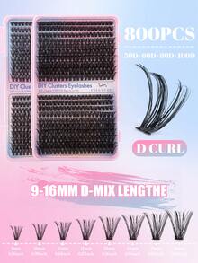 800片裝 - 大容量單簇DIY假睫毛套組，睫毛長度範圍12mm至18mm。捲度形狀包括自然C型至濃密D型。套組包含睫毛鑷子和睫毛刷。附帶10D和100D超濃密人造睫毛。貓眼、斜角、自然且柔軟 - D - 查看 6