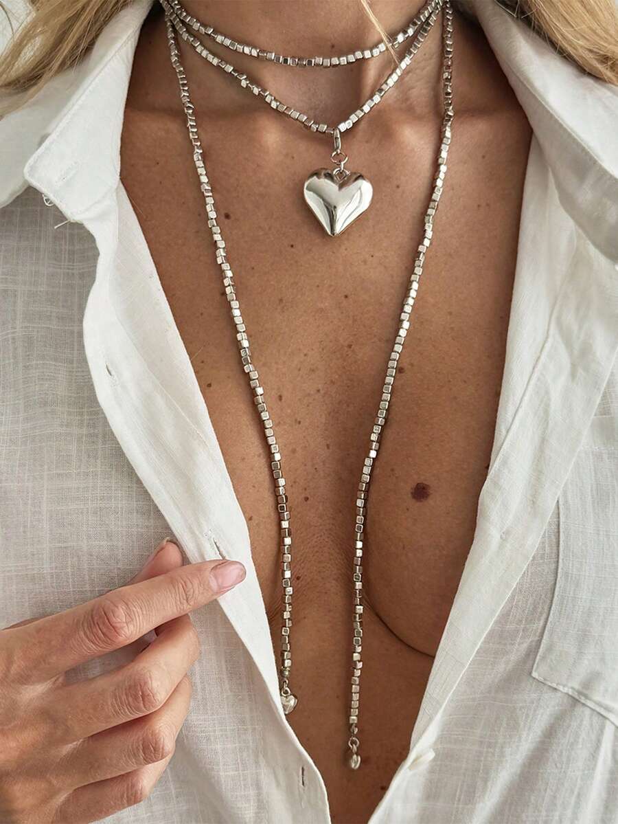 1 chiếc vòng cổ chữ Y mặt dây chuyền hình trái tim tối giản thời trang, vòng cổ choker đính hạt CCB ngọt ngào, thích hợp cho tiệc tùng, ngày lễ, làm quà tặng, đeo hàng ngày. - Bạc - Xem 1