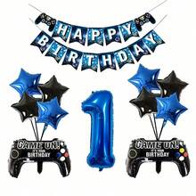 遊戲主題生日派對裝飾套組，藍黑數字氣球 1-12、生日快樂海報、遊戲手把氣球 - 查看 21