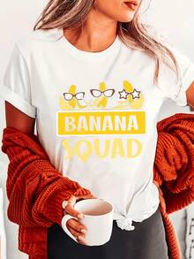 Banana Women's T-Shirt - Fun Banana And Star Print, Casual Short-Sleeved Crew Neck Top, Breathable For Summer And Spring, Machine Washable, Suitable For Everyday Wear In All Seasons. Can Be Worn As A Base Layer In Spring And Autumn Or On Its Own In Summer. Unisex Style,  Thick Cotton City Boy Top. - 白色 - 查看 1
