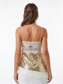 Top de tirantes de encaje y lentejuelas para mujer, ropa de verano, top de fiesta con escote en V y tirantes finos - Dorado - Ver 2
