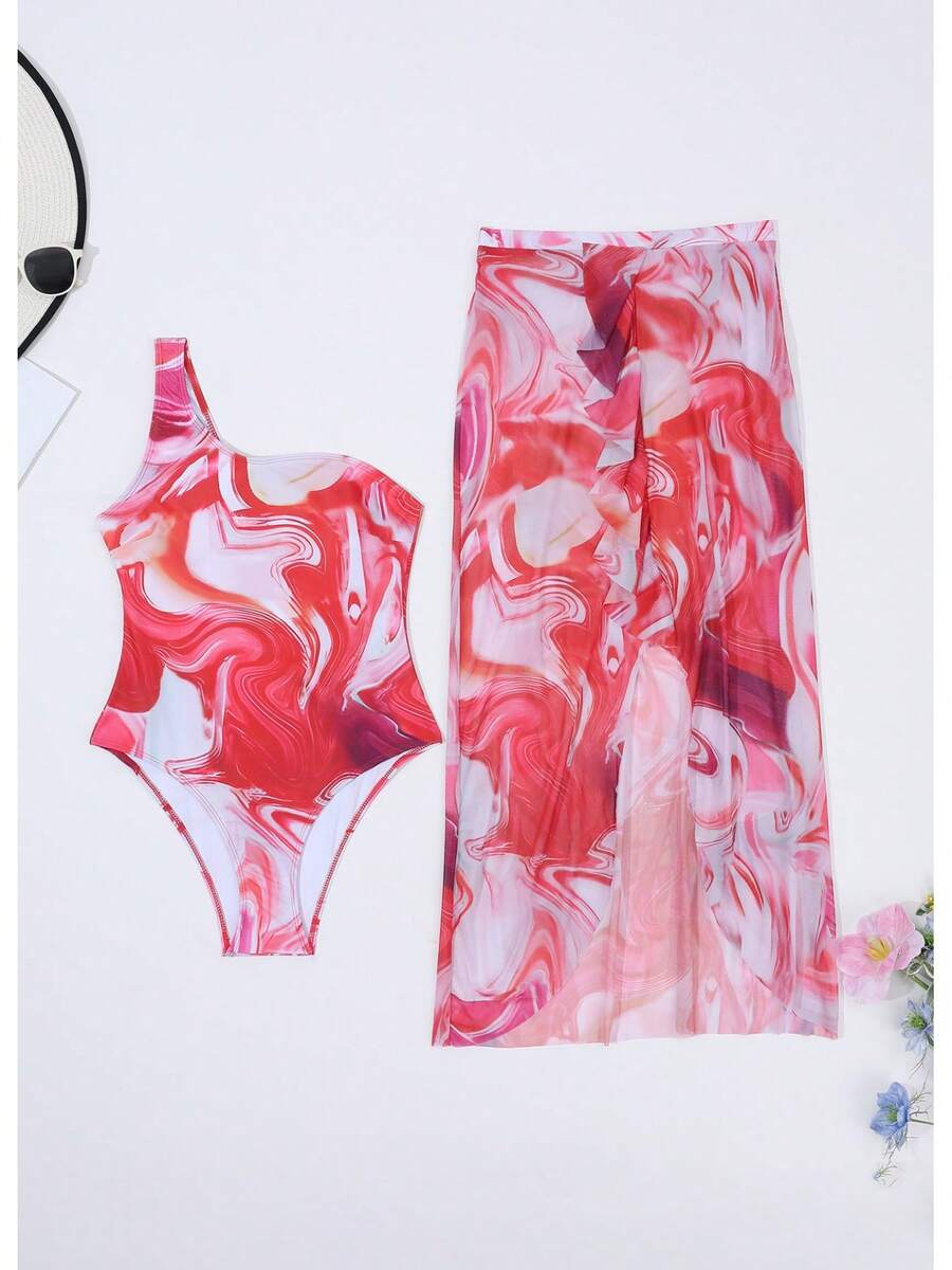 Traje de Baño de Una Pieza con Protección Solar, Diseño Moderno y Colorido, Conjunto de Dos Piezas DY030 - Flor - Ver 1