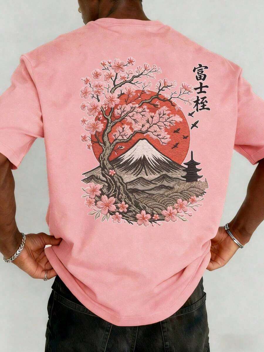 The Hottest Item Of The Summer: Men's Short-Sleeved Crew Neck T-Shirt With Embroidered Sakura And Mountain Print, Minimalist Summer Fashion. | Basic Casual Urban Style T-Shirt, Boyfriend Gift, Stylish, Popular, Party T-Shirt. - 粉色 - 查看 1