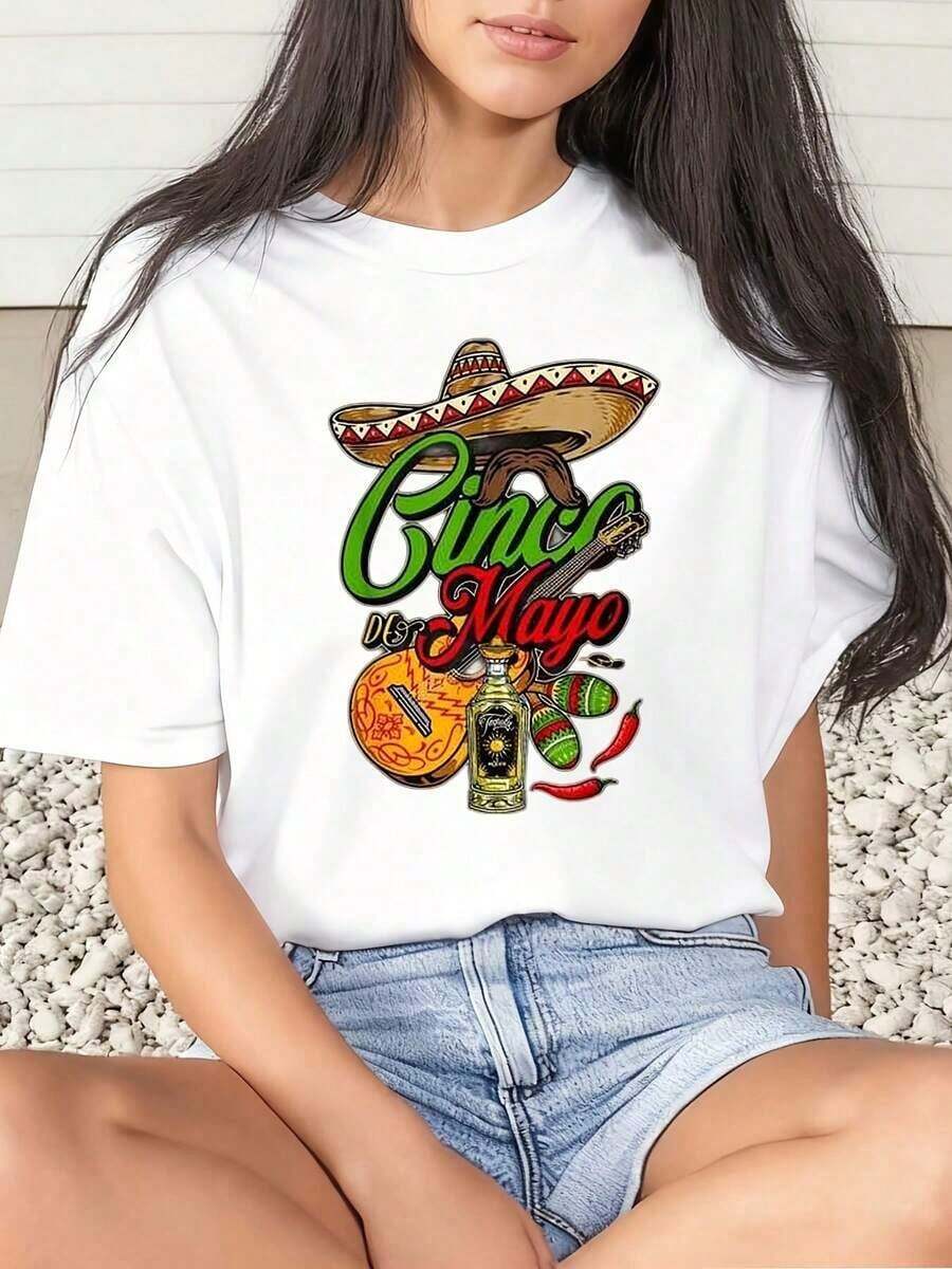 Women's Cinco De Mayo Sombrero Guitar Tequila Maracas And Chili Pepper Print T-Shirt For Fiesta Celebration Party May 5th 220g Basic Women's Blouses - 白色 - 查看 1