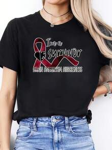 1 Piece Of Spring/Summer Casual T-Shirt With "Pink October" Letter Print, Round Neck, Short Sleeve, Sports T-Shirt, Women's Top, 180g 100% Cotton. - 黑色 - 查看 1