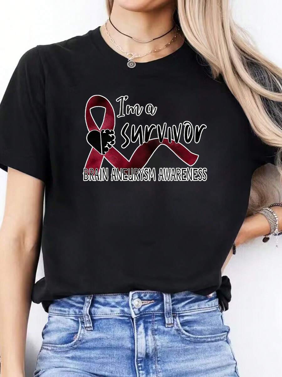 1 Piece Of Spring/Summer Casual T-Shirt With "Pink October" Letter Print, Round Neck, Short Sleeve, Sports T-Shirt, Women's Top, 180g 100% Cotton. - 黑色 - 查看 1