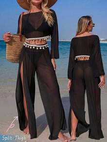 Swim Vcay Conjunto de traje de baño de primavera/verano con pareo de malla de color negro sólido para vacaciones en la playa y fiestas, talla cinturón trenzado con colgante de estrella de mar y concha, y pantalones de playa de malla con abertura alta a juego - Negro - Ver 1