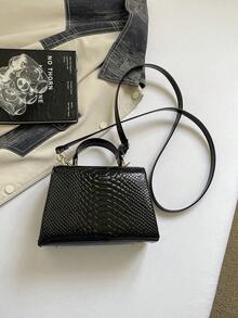 Fashionable Crocodile Embossed PU Glossy Women's Handbag, Gold Twist Lock Design, Detachable Adjustable Shoulder Strap, Suitable For Commuting, Dating, Party And Casual Daily Use Elegant Ladies Bag - Black - View 5