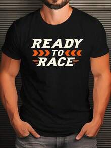 Men's Plus Size "Ready To Race" Graphic T-Shirt - Bold Black Design With Orange Racing Print, Casual Short Sleeve Summer Wear, Polyester Blend, Machine Washable, Casual Outing Outfit | Sporty Look | Soft Fabric, PLUS SIZE - 黑色 - 查看 1