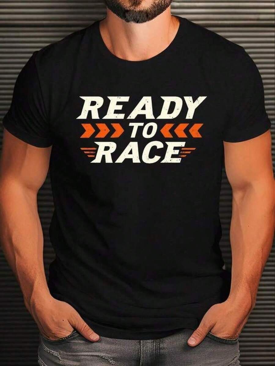 Men's Plus Size "Ready To Race" Graphic T-Shirt - Bold Black Design With Orange Racing Print, Casual Short Sleeve Summer Wear, Polyester Blend, Machine Washable, Casual Outing Outfit | Sporty Look | Soft Fabric, PLUS SIZE - 黑色 - 查看 1