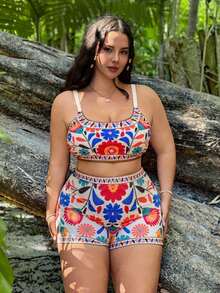 Swim Vcay Conjunto de 3 piezas de traje de baño de una pieza con diseño floral y cubre todo talla grande, ropa de playa casual de verano - Multicolor 4 - Ver 3