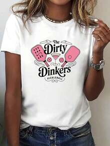 Women's T-Shirts: Pickleball Martini The Dirty Dinkers Logo Print T-Shirt - Short Sleeve, Round Neck, Casual Style, Suitable For Summer And Spring, Clothing For Pickleball Fans, Casual Wear, Loose And Comfortable Fit, Summer T-Shirts. - 白色 - 查看 12