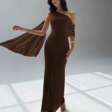 . .  Vestido asimétrico de hombro de unicolor elegante para mujer - Café integral - Ver 5